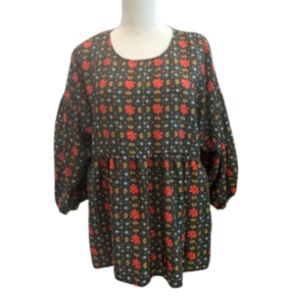 Boho Green Floral Peasant Blouse Free People Look Oversized Top